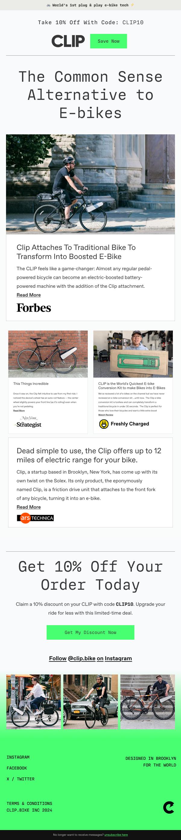CLIP welcome email making the case against a full e-bike