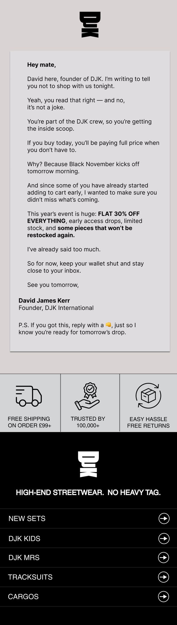 DJK Black Friday early access email, a plain text note from the founder