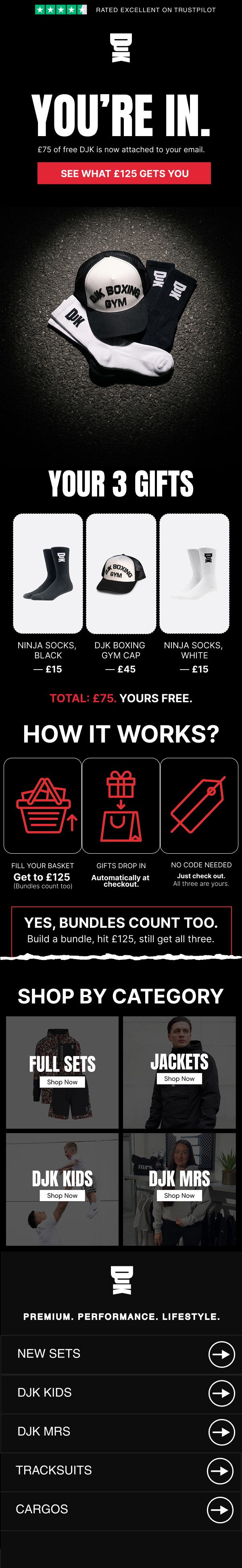 DJK welcome email, £75 of free gear unlocks at £125